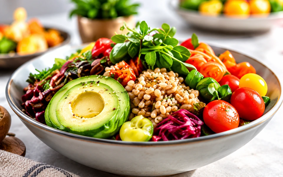 A fresh avocado and vegetable bowl