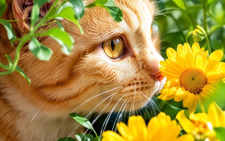 A ginger cat with yellow flowers