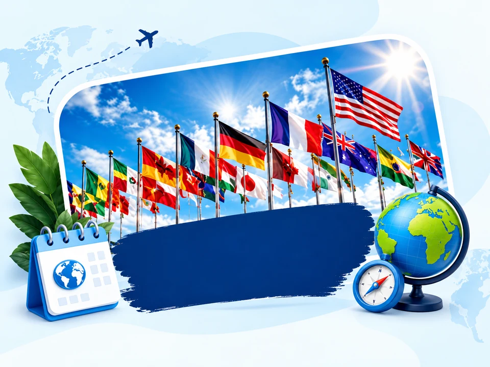 International flags, a calendar, a globe and a compass
