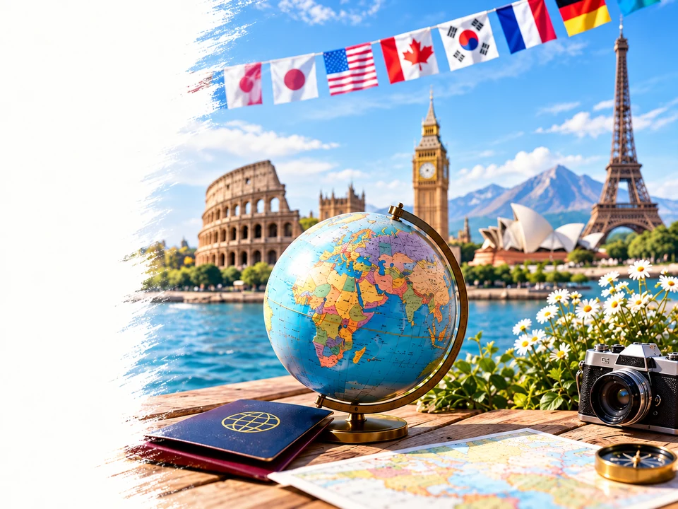 A globe and world landmarks with international flags, a passport and a vintage camera