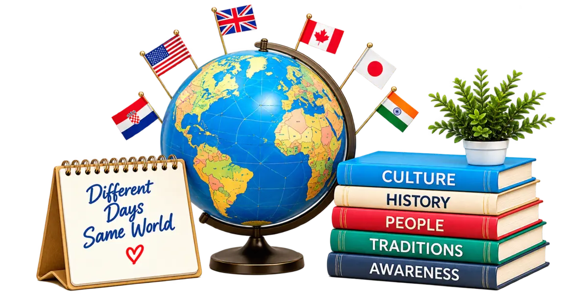A globe, culture and history books, international flags and a calendar reading Different Days Same World